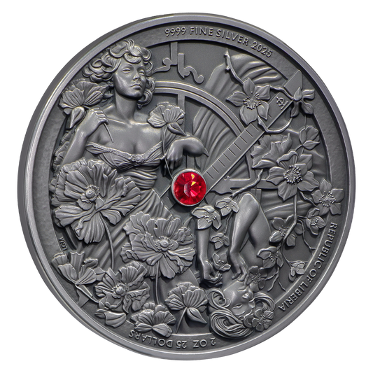 Four Seasons 2025 | Liberia 25 Dollars | 2 Oz 999 Fine Silver Coin | Antique Finish w/ stones