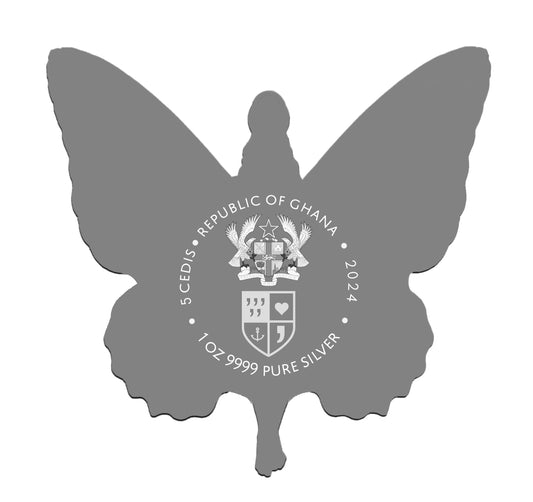 LADY BUTTERFLY 2024 | 1 Oz Fine Silver Coin | Ghana 5 Cedis | Geformt high relief farbig
