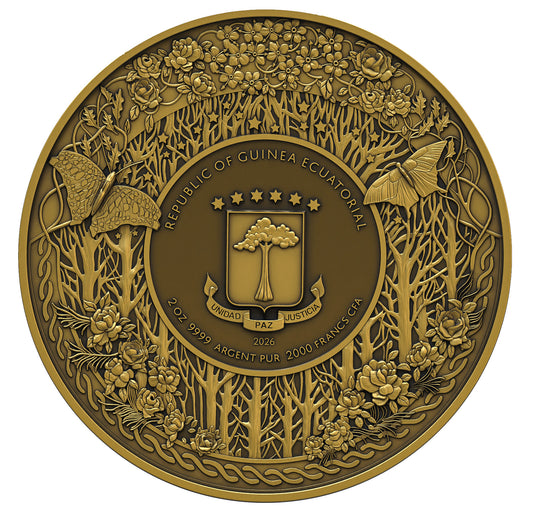 FREYJA 2026 | Äquatorial Guinea 2000 FRANCS CFA Silbermünze | 2 Oz 9999 Ag Ultra High Relief Antique Gold