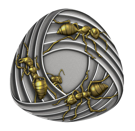 MÖBIUSBAND-AMEISEN 2026 | 1 Oz 9999 Silbermünze Liberia 20 Dollars | Shaped Ultra High Relief Antique Gilded