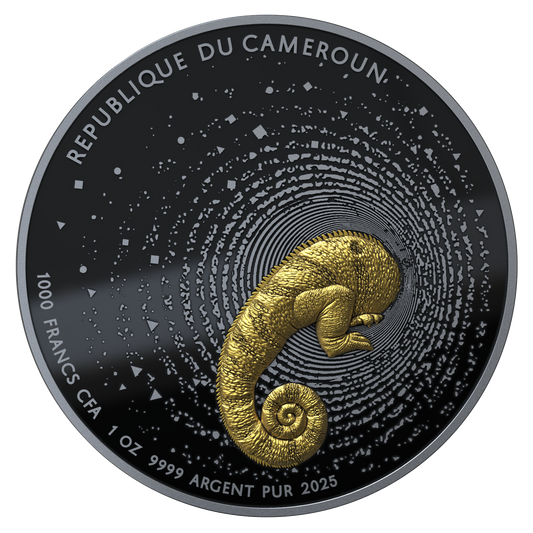 HERPETON 2025 | CHAMÄLEON 1 OZ 9999 Feinsilbermünze Ultrahochrelief Dark Ruthenium Gold Proof