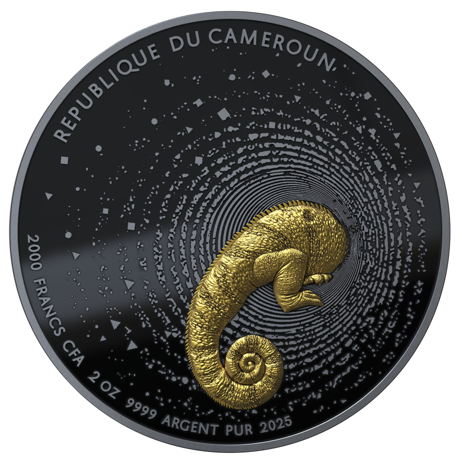 HERPETON 2025 | CHAMÄLEON 2 OZ 9999 Feinsilbermünze Ultrahochrelief Dark Ruthenium Gold Proof