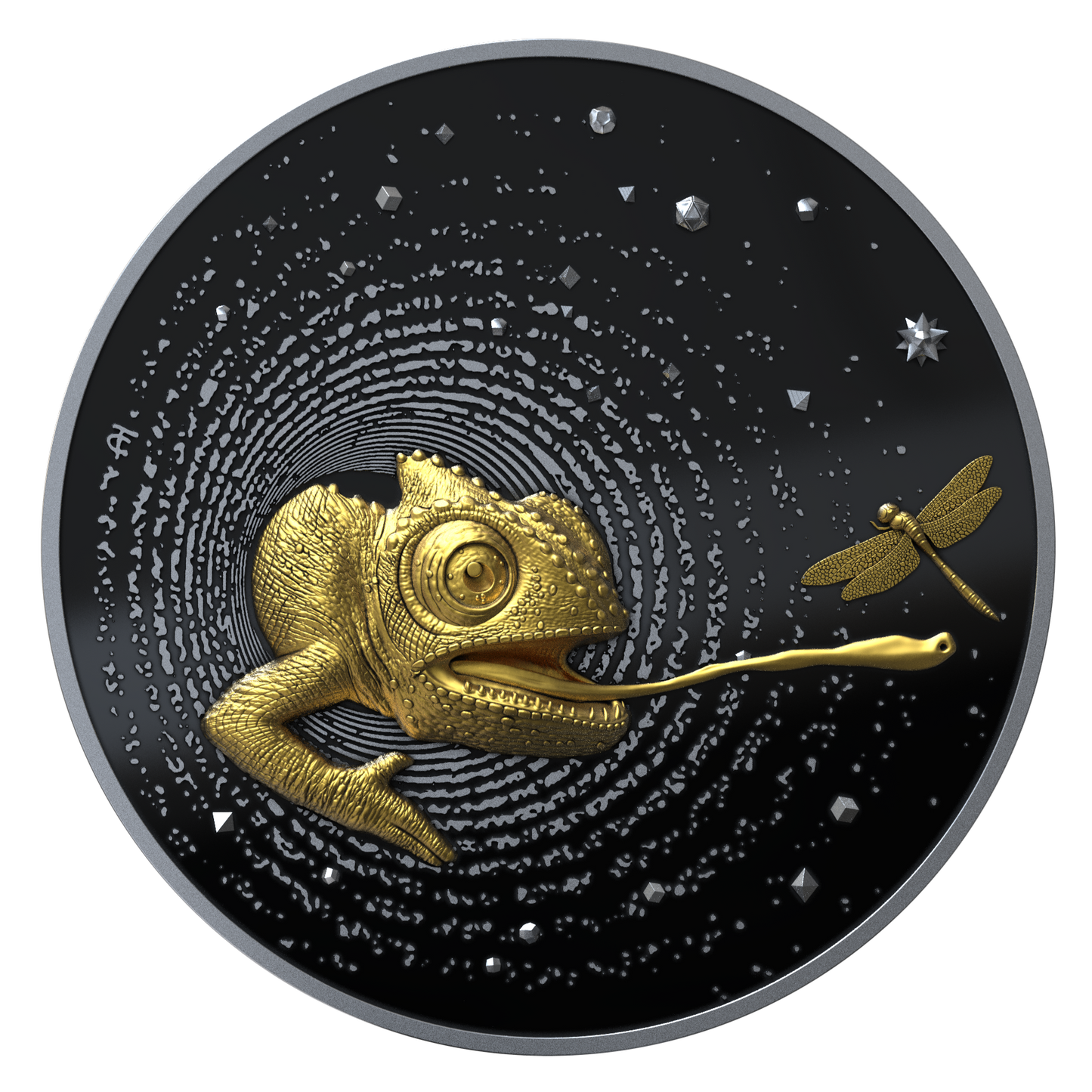 HERPETON 2025 | CHAMÄLEON 1 OZ 9999 Feinsilbermünze Ultrahochrelief Dark Ruthenium Gold Proof