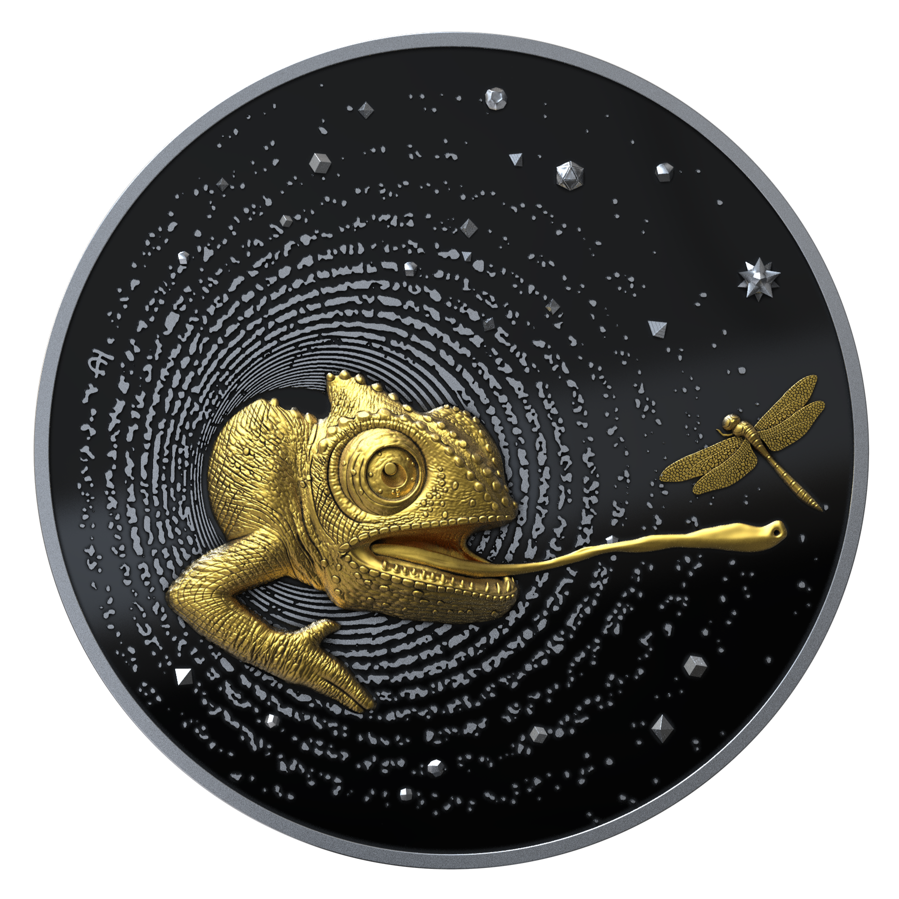 HERPETON 2025 | CHAMÄLEON 1 OZ 9999 Feinsilbermünze Ultrahochrelief Dark Ruthenium Gold Proof