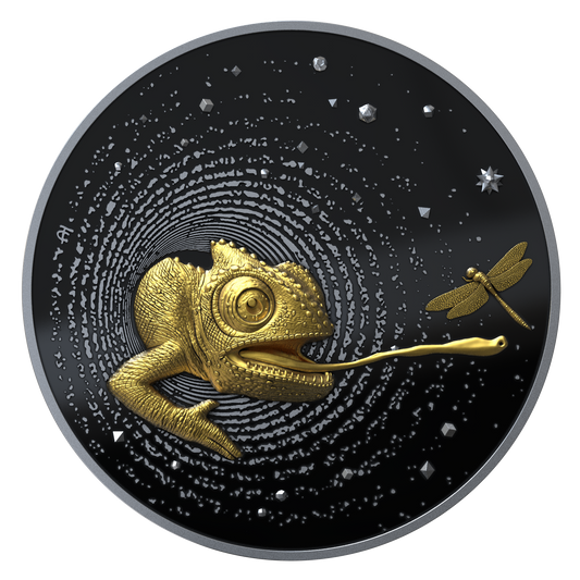 HERPETON 2025 | CHAMÄLEON 1 OZ 9999 Feinsilbermünze Ultrahochrelief Dark Ruthenium Gold Proof