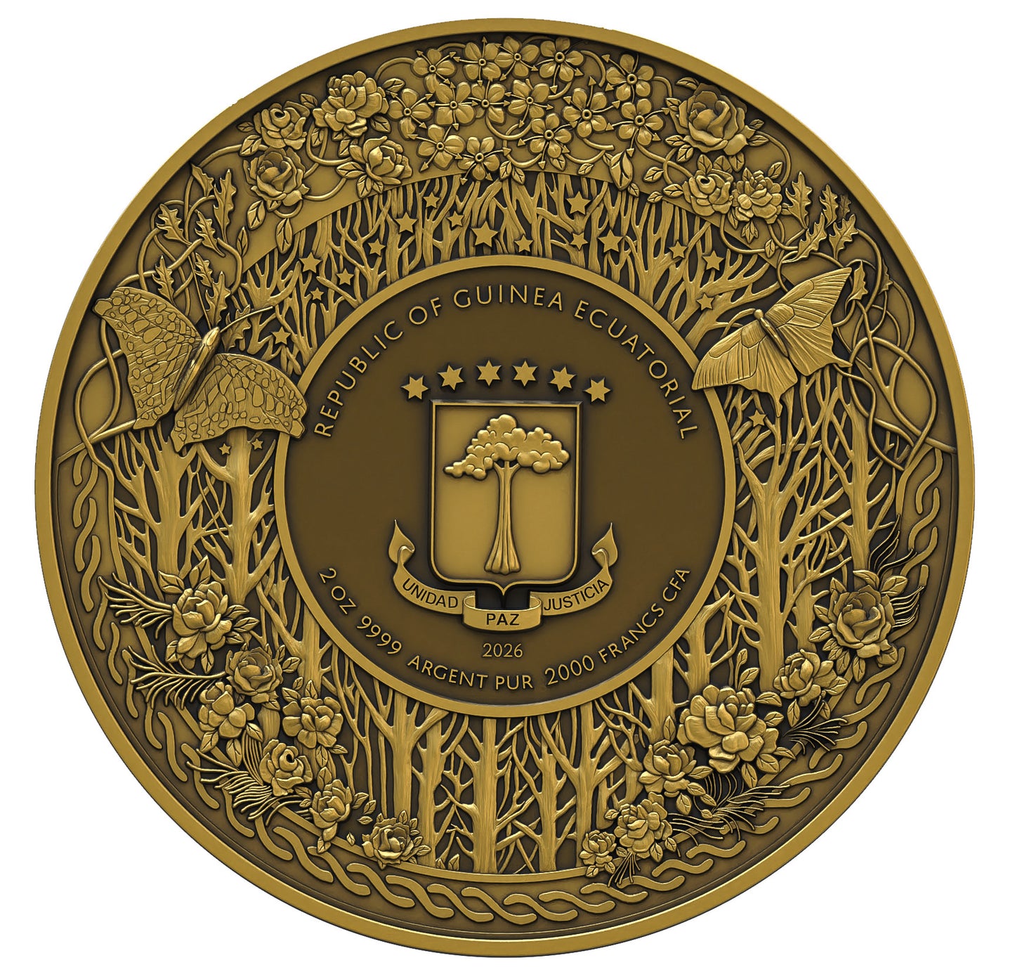 FREYJA 2026 | Äquatorial Guinea 2000 FRANCS CFA Silbermünze | 2 Oz 9999 Ag Ultra High Relief Antique Gold