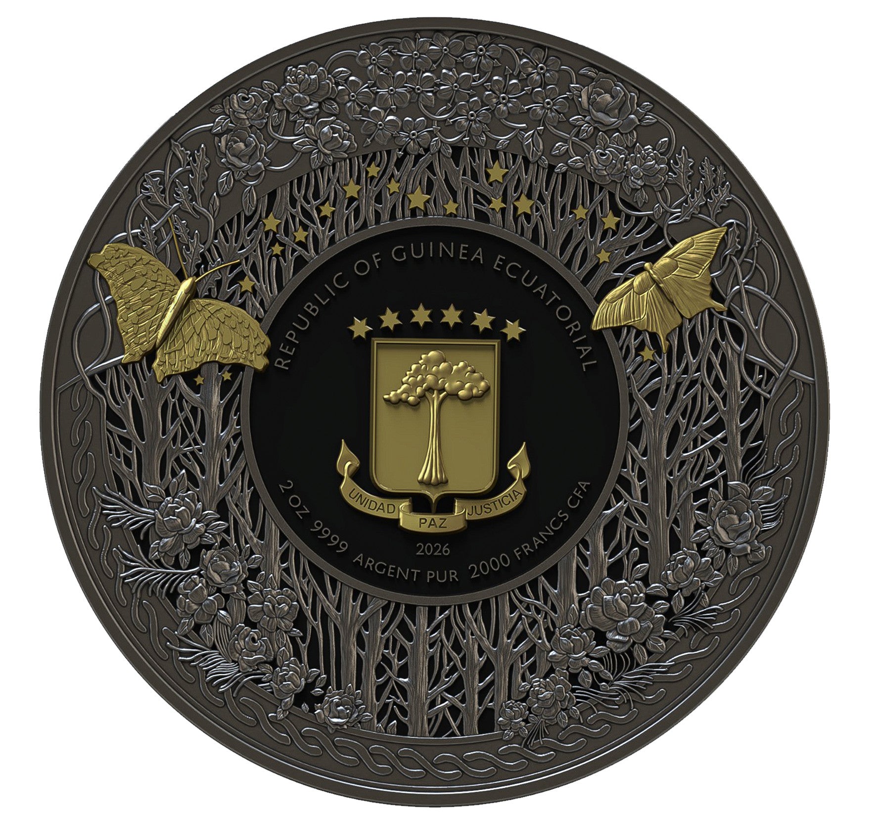 FREYJA 2026 | Äquatorial Guinea 2000 FRANCS CFA Silbermünze | 2 Oz 9999 Ag Ultra High Relief Dark Gilded Proof