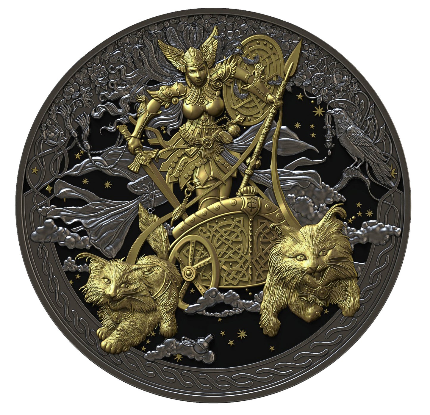 FREYJA 2026 | Äquatorial Guinea 2000 FRANCS CFA Silbermünze | 2 Oz 9999 Ag Ultra High Relief Dark Gilded Proof