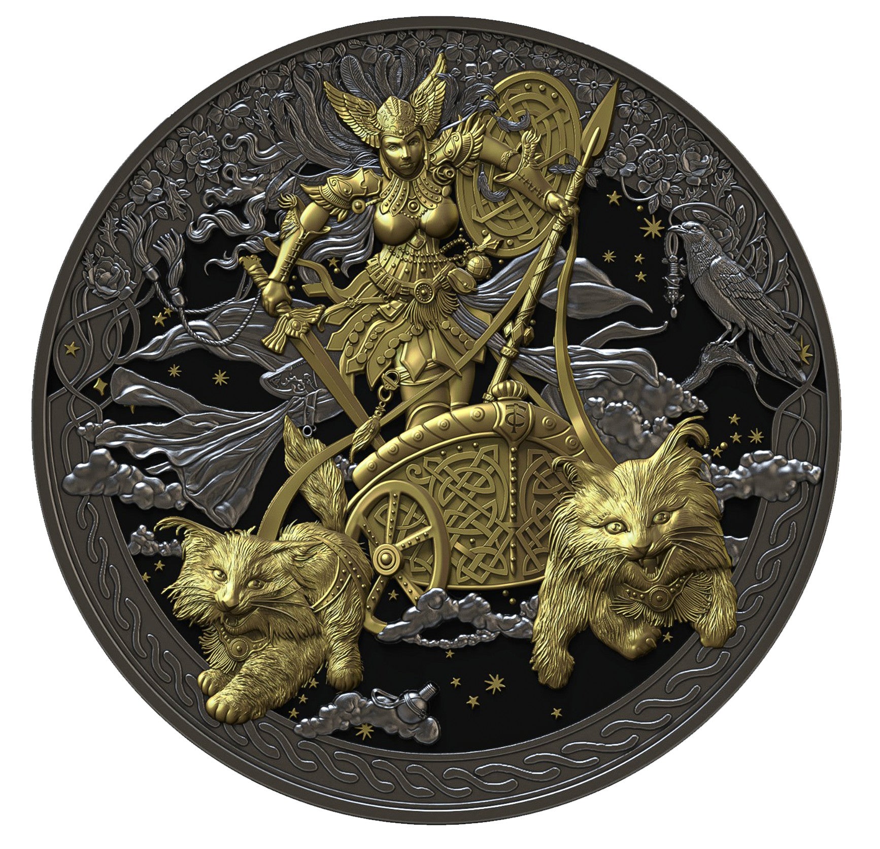 FREYJA 2026 | Äquatorial Guinea 2000 FRANCS CFA Silbermünze | 2 Oz 9999 Ag Ultra High Relief Dark Gilded Proof