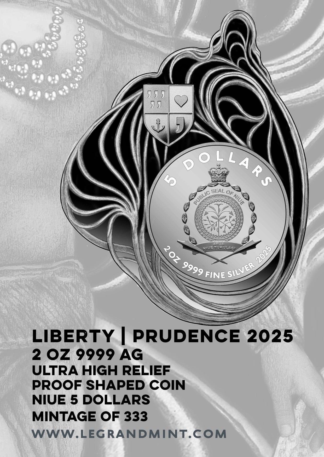 LIBERTY 2025 Prudence | 2 Oz 9999 Silbermünze 5$ Niue | Shaped Ultra High Relief Proof Coin 
