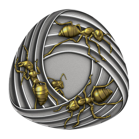 MÖBIUSBAND-AMEISEN 2026 | 1 Oz 9999 Silbermünze Liberia 20 Dollars | Shaped Ultra High Relief Antique Gilded