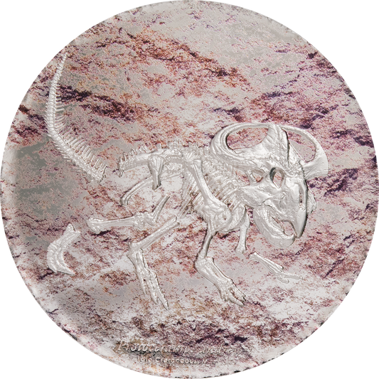 Protoceratops andrewsi Silbermünze Mongolia 2019 | 3 oz Silver 999 | 65 mm Proof Smartminting © - Le Grand Mint