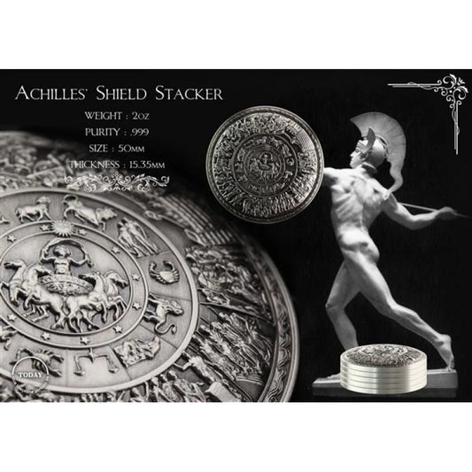 Silber Korean Stacker | Achilles Shield Antique in der Kapsel | 2 Oz 999 Silberbarren